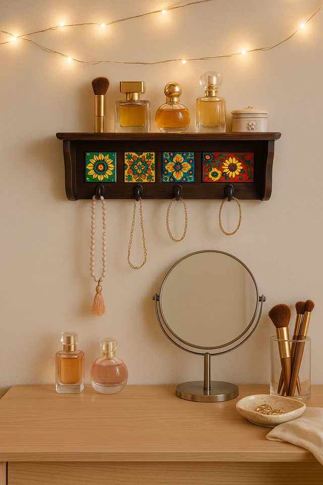 Espresso brown Wall Shelf with Ceramic Tile Inlay & Hooks – Entryway Key Holder - Image 3 of 4