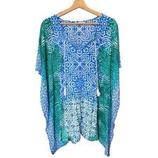La Blanca Paisley Oversized Blue Green Swim Beach Tunic Cover Up Caftan M 