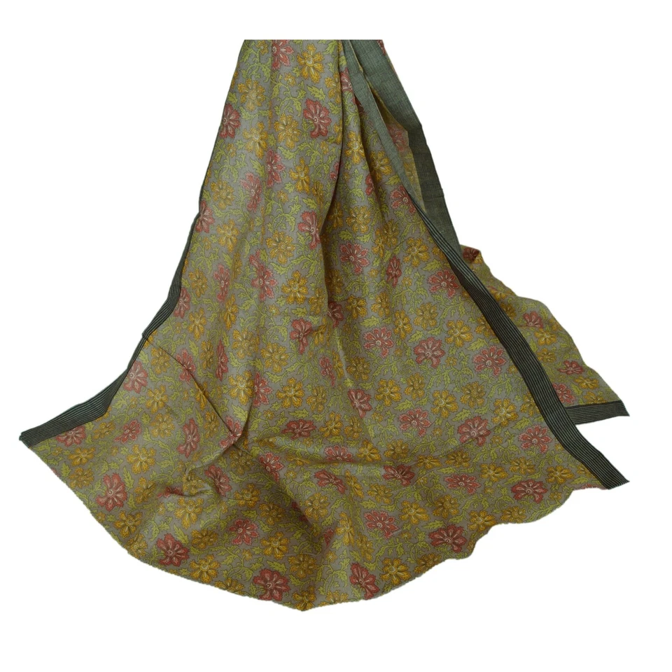 Velo estampado chal gris 100 % lana pura estola larga Dupatta vintage de Sanskriti Foto 2 de 4