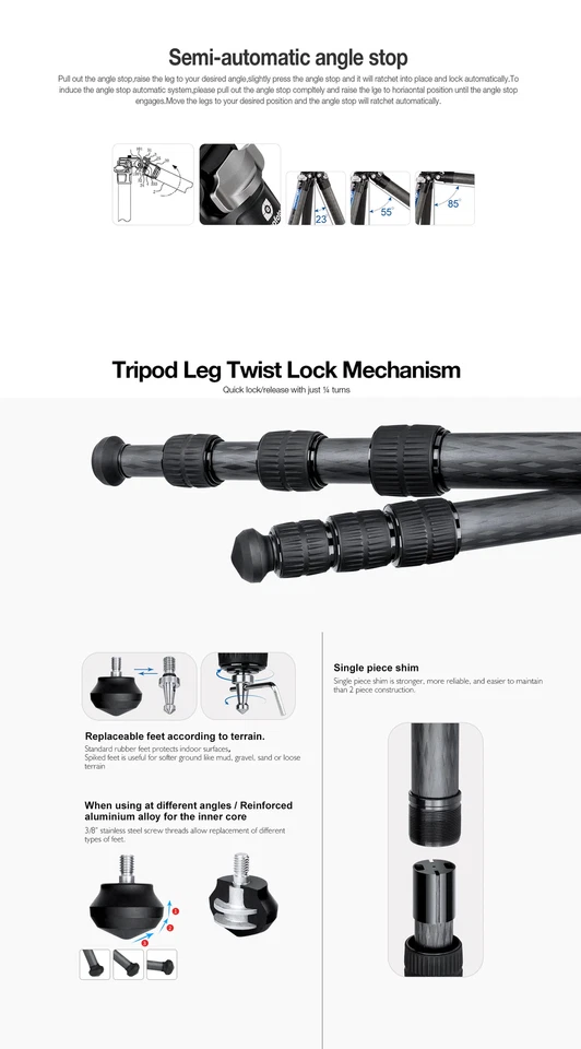 Leofoto LO-224CS+SW-02 Carbon Fiber Tripod + 2-Way Pan Head Kit for Binoculars - Image 3 of 4