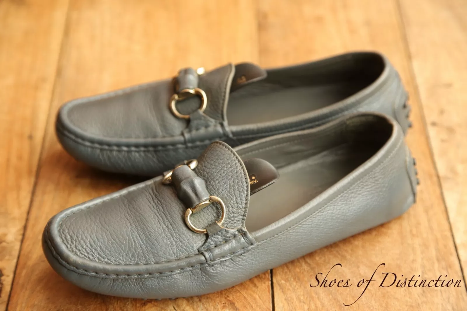 Mocassins Gucci gris cuir grainé bambou mors chaussures de conduite plates femmes UK 5 US 8