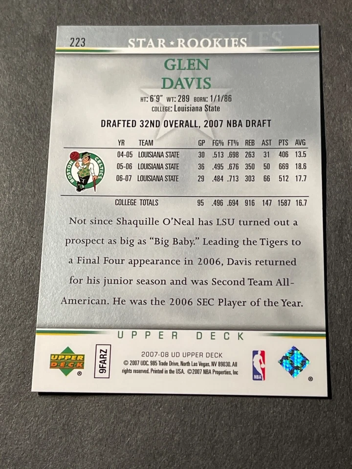 2007-08 Upper Deck Star Rookie Glen Davis RC #223 - Image 2 of 2