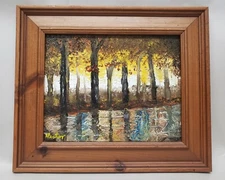 Riverbank Landscape Handmade on Canvas With Wooden Frame  14" Wide