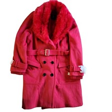 Ny&co Womens Jacket Xl Red Faux Fur Trim Removable Pea Coat Festive Belted