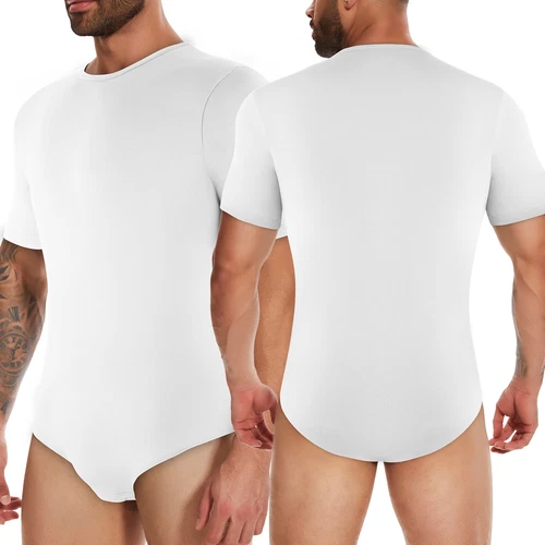 Camiseta interior de leotardo de color liso para hombre Botón a presión Entrepierna Body Manga corta - Imagen 19 de 26