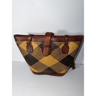 Vintage Woven Straw Leather Tote Bag Brown Diamond Check Batik Lining Indonesia