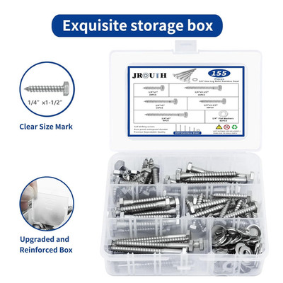 1/4 X 1 to 3'' Hex Lag Screws 155PCS Hex Lag Bolts  Wood Screws Washers Assortmen