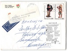 US to The Netherlands with multiple Dutch auxiliary stickers, 1987