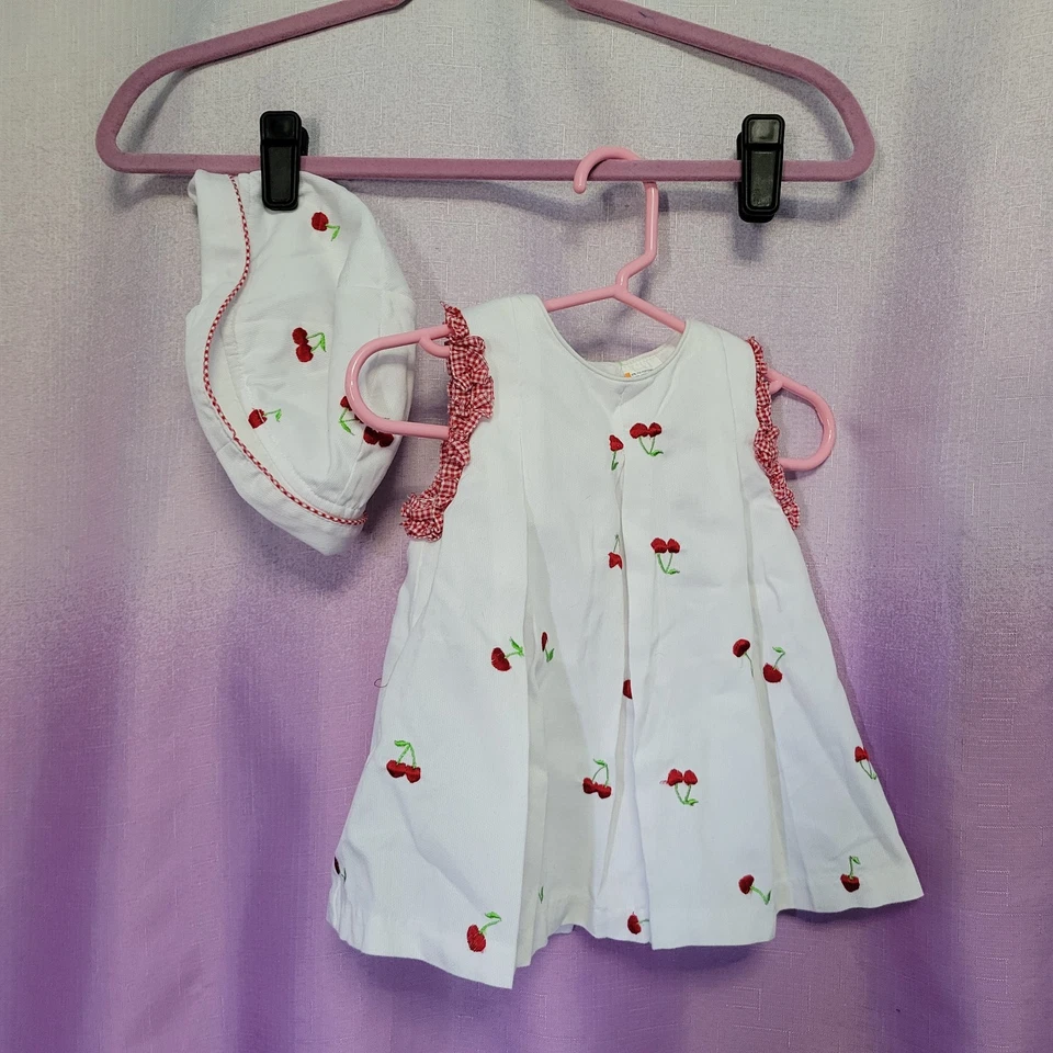Vestido Vintage Little Bitty Bebé Niña Blanco Cereza Bordado con Sombrero 12 Meses Foto 2 de 4