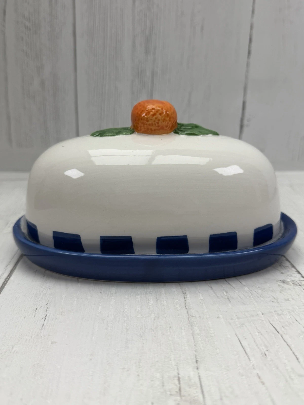Arlington Designs Ceramic Butter Dish Blue Stripe Base Orange Knob Lid