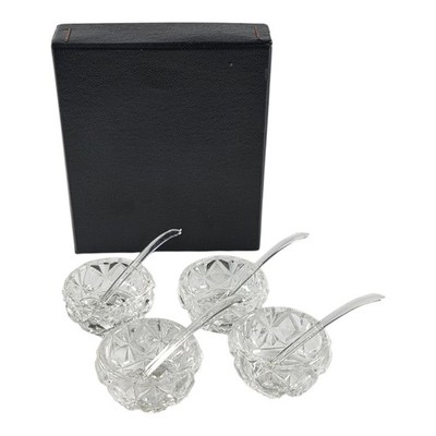 Emson 4 Piece Crystal Vintage Salt Cellars and Plastic Spoons Japan
