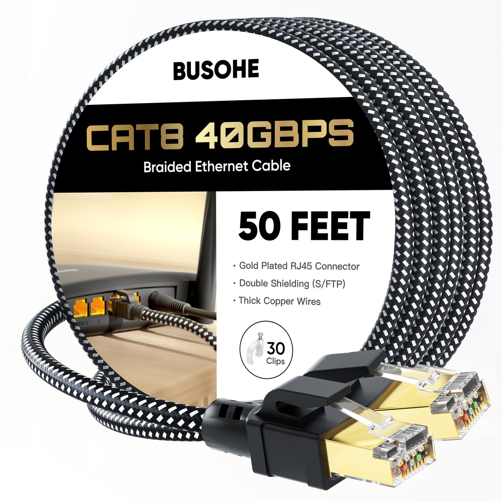50ft Cat8 Ethernet Cable - 40Gbps High Speed, 2000MHz Braided Shielded Internet Network Cord