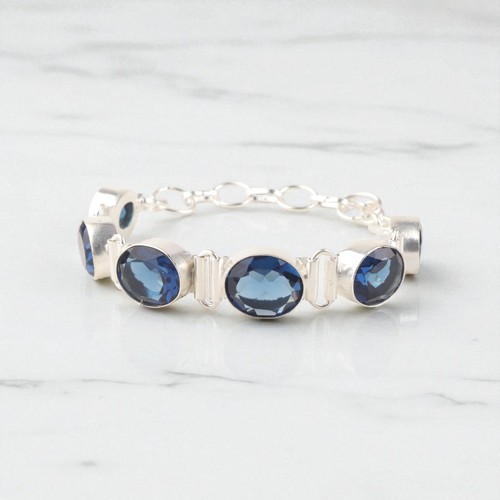 925 Sterling Silver Jewelry London Blue Topaz Gemstone Adjustable Bracelet 7-8" - Picture 4 of 6