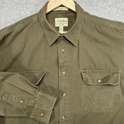 #ad Cabelas Stonewash Canvas Long Sleeve Button Up Shirt Mens XL Green Outdoor $27.00