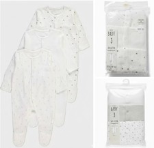 Baby George 3 Pack Sleepsuits Cream Hedgehog White Stars Neutral Unisex Baby Gro
