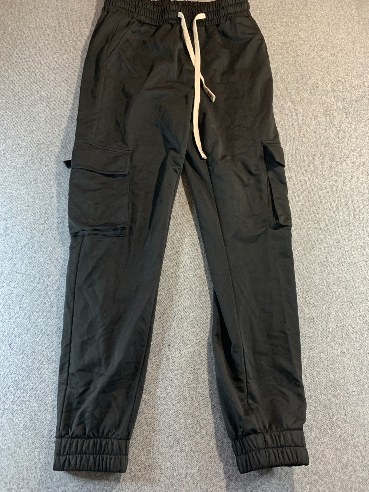 Joggers Men Small Black Drawstring Waist Tapered Leg Cargo Pockets Pants Running-image