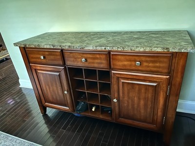 Brown Wood Sideboard Buffet w/ Faux Stone Top, 3 Drawers, 2 Raised Panel Doors