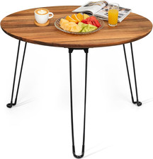 Walnut Wood round Coffee Table, Solid Wood Top with Black Metal Legs, 23.6 Dia X