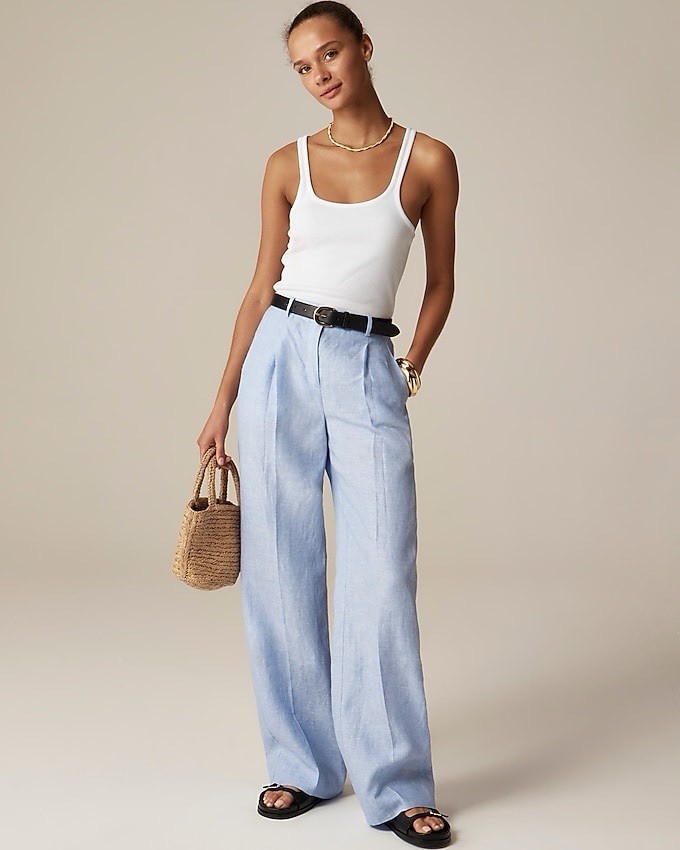 J. Crew Essential Wide Leg Pant 10 100% Linen French Blue high waisted pockets