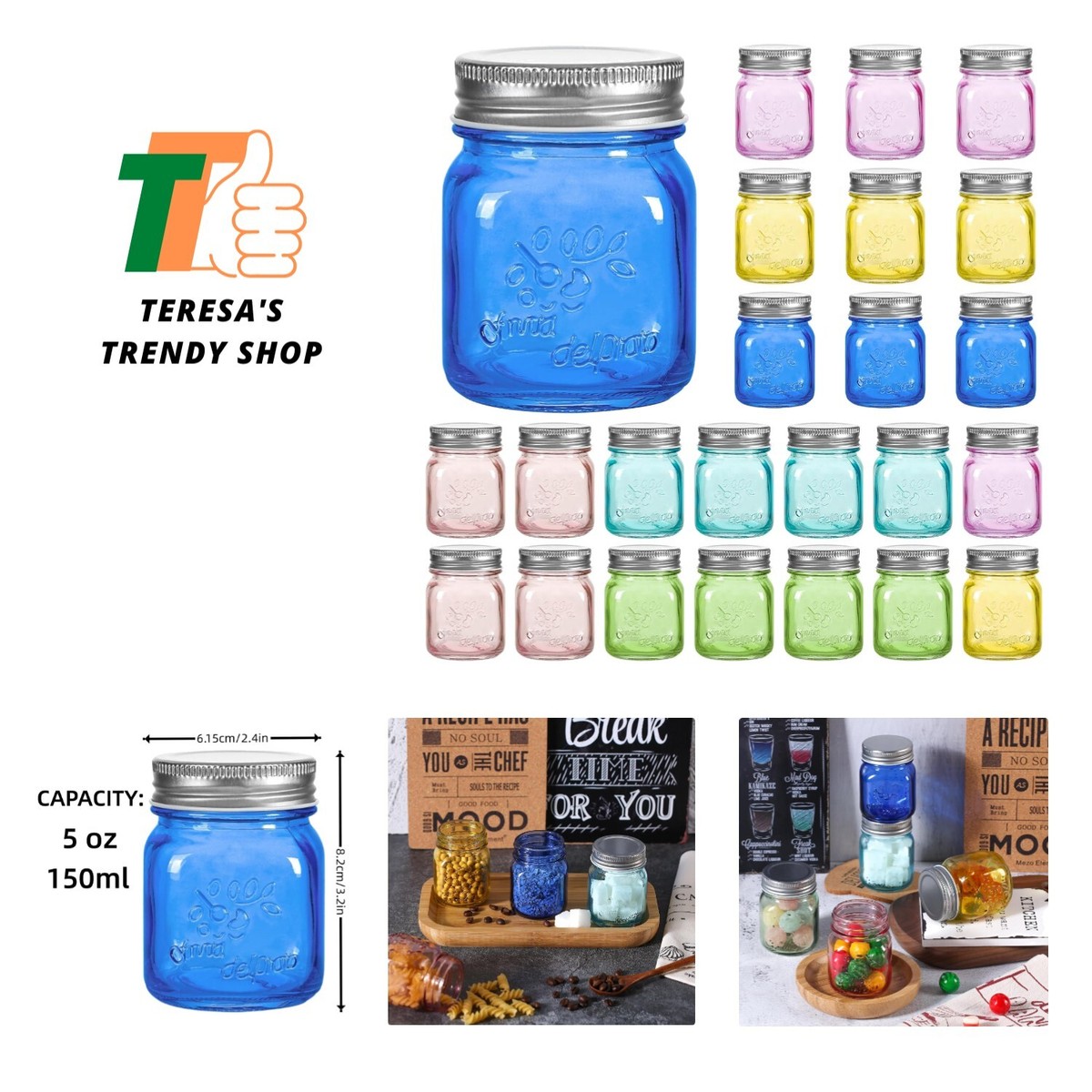 Mini Mason Jars 5 oz with Metal Lids - Glass jar for Jam