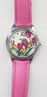 Avon BWC Floral Dial Ladies Watch. Pink Leather Band