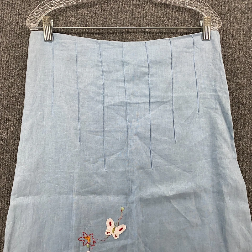 Sisley 亚麻裙女式 12 蓝色 A 字蝴蝶刺绣波西米亚 Modest 90 年代 — 第 2/4 张图片