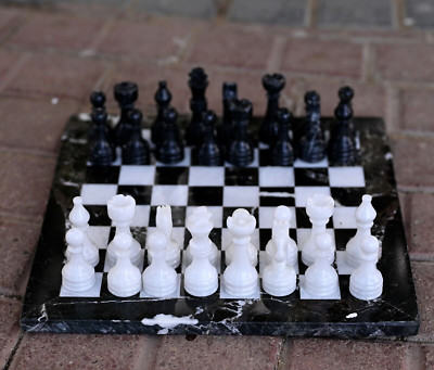 Marble Black Zebra and White Weighted Table Top Chess Pieces with Chessboard