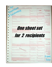 2021 IRS Tax Form 1099-MISC single sheet set for 2 recipients carbonless, 5-part