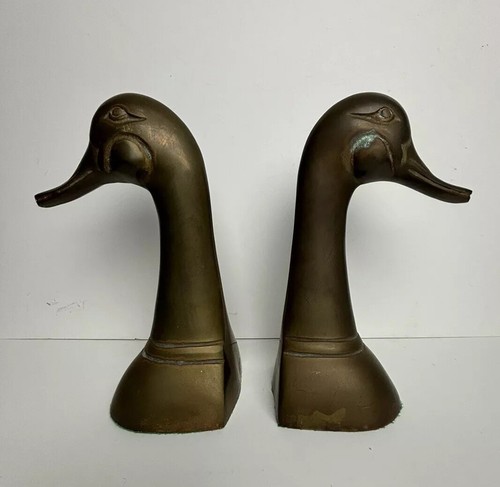 Vintage Leonard Brass Duck Mallard Head Bookends 8.5” Unpolished