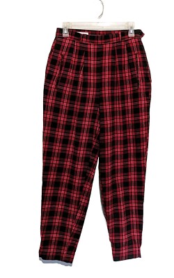 High Waist Pleated Red Plaid Trouser Pants W29 Vintage 80s Womens