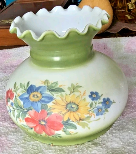 Antique Summer Flowers Hurricane Oil Lamp Shade Milk Glass Poppies Daisies Roses