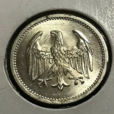 1925-A GERMANY WEIMAR SILVER 1 MARK BRILLIANT UNCIRCULATED 
