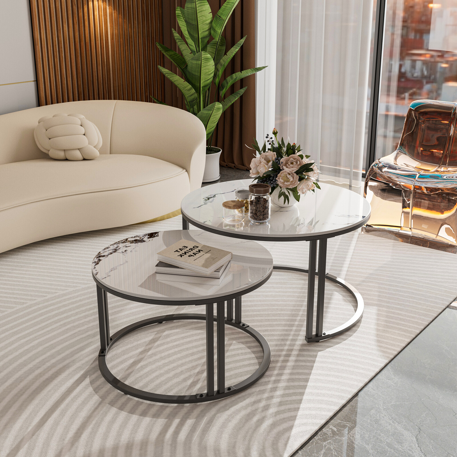 Nesting Round Sintered Stone Coffee Table Jade Ice White Glossy Slate Tabletop