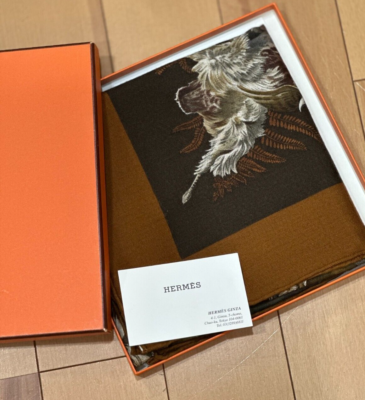 HERMES / 80s/OLD/スカート/40/リネン/NVY Rare VTG HERMES Carre 90 H de LINARES Cashmere 65% Silk 35% Brown