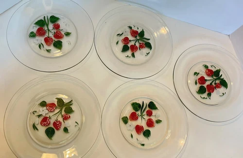 Set of 5 Hand-Painted Strawberries & Blossoms On Clear Glass - Salad Plates