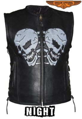 Men's Plain Black Leather Vest SOA Motorcycle Reflective Evil Skulls Waistcoat