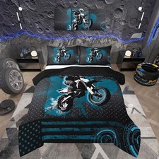 Kids Blue Dirt Bike Comforter Set Extreme Sports Motorcycle Bedding Set Twin ...