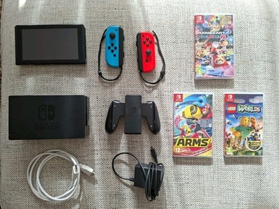 Nintendo Switch Set 32GB Grey Joy-Con Blue Red Mariokart 8 Deluxe Arms Lego