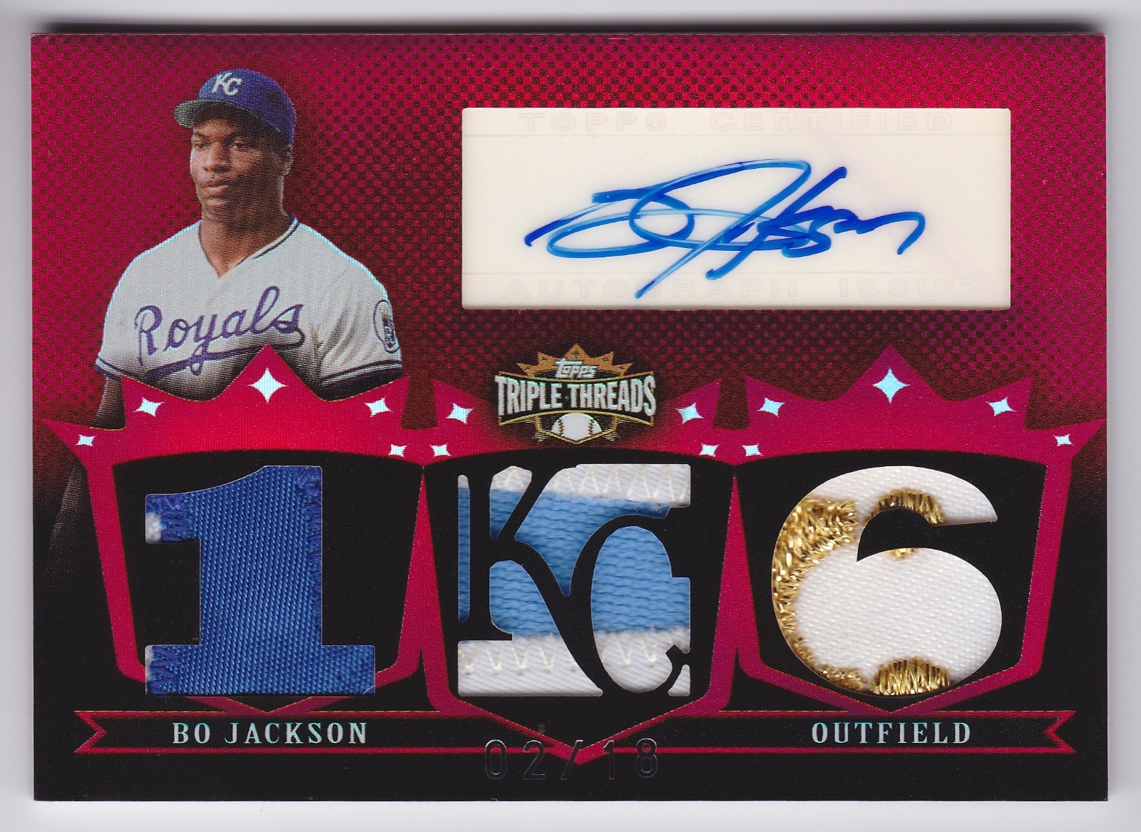 2007 Topps Triple Threads Bo Jackson Triple Patch (w/ Crown) Auto #TTRA121 02/18