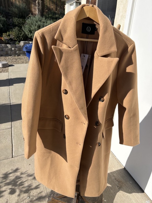 Camel long womens L double breasted coat by IO NWT Attached