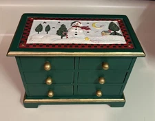 Christmas Wood Green/Gold Trim Trinket Box~6 drawers~9" L, Snowman Scene