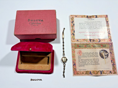 Vintage 1941 Bulova Ladies 17 Jewel Manual Wind Watch Parts/Repair Box Papers
