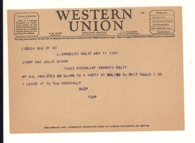 WESTERN UNION telegram send 1941 Rudy Vallee to Jimmy & Julie Starr Re. PARTY