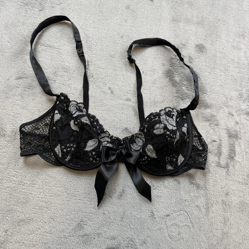 Aubade Sauvage 胸罩女式 34C 黑色蕾丝蝴蝶结法国内衣花卉刺绣 — 第 2/4 张图片