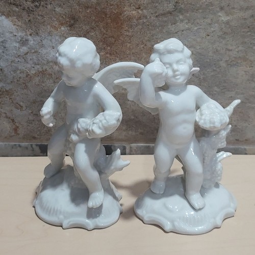 Vintage Dresden Pair White Porcelain Cherub Figurines Summer Four Seasons - Picture 11 of 11