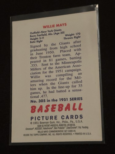 1996 Topps Willie Mays Commemorative Finest Chrome #1 (1951 Bowman #305 Reprint) - Picture 4 of 8