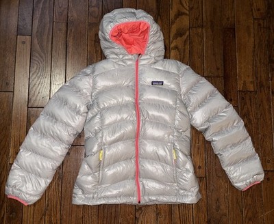 Patagonia Girls Hi-Loft Down Sweater Hoody Silver Puffer Jacket XL 14 used