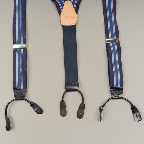 Brooks Brothers Silk Suspenders Navy White Stripes Leather Button Style England - Picture 3 of 8