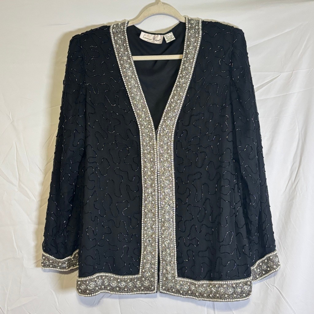 Lawrence Kazar New York Silk Beaded Sequin Jacket Black Silver Pearl Trim W XL