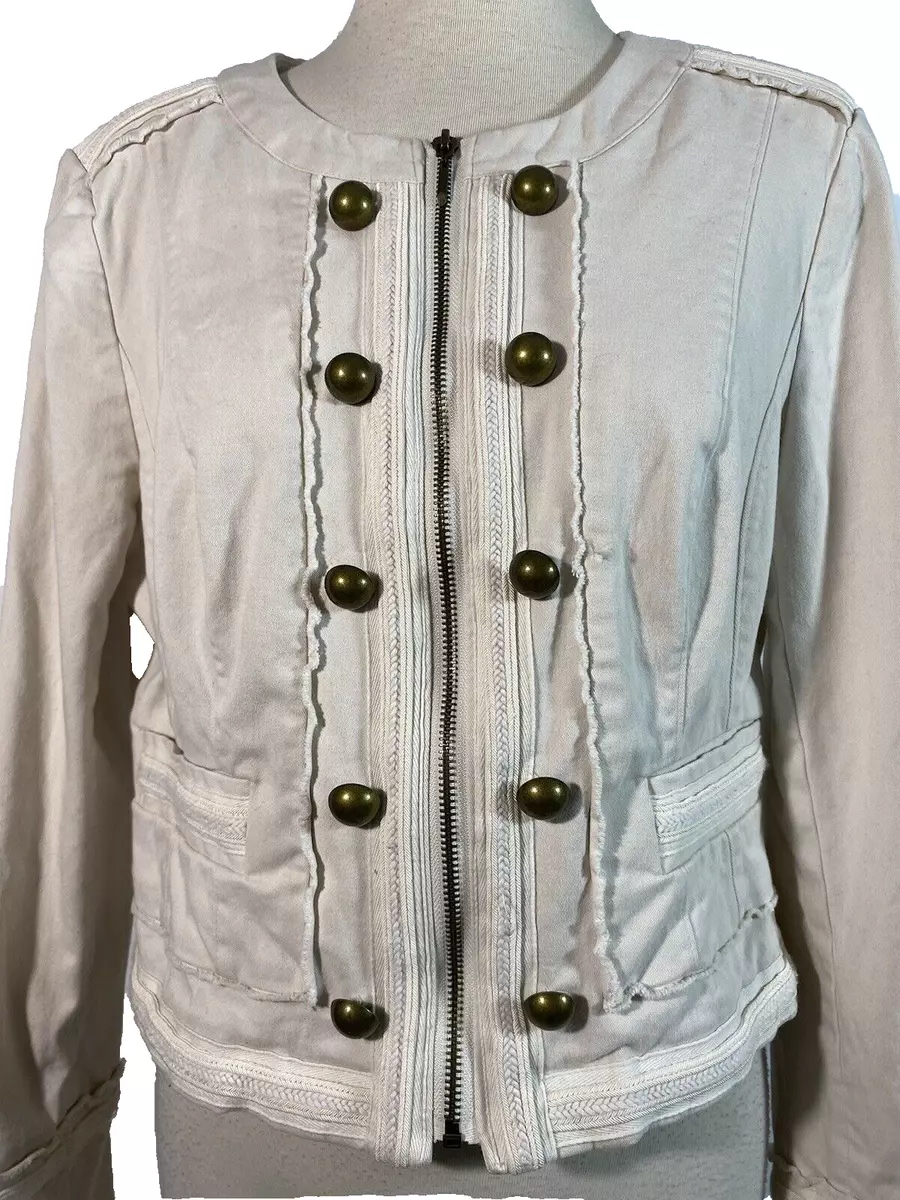 White House Black Market Jacket Women 10 Cream White Ribbon Brass Button CropZip